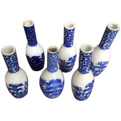 Collection of Six Antique Blue and White Porcelain Collector Bottles