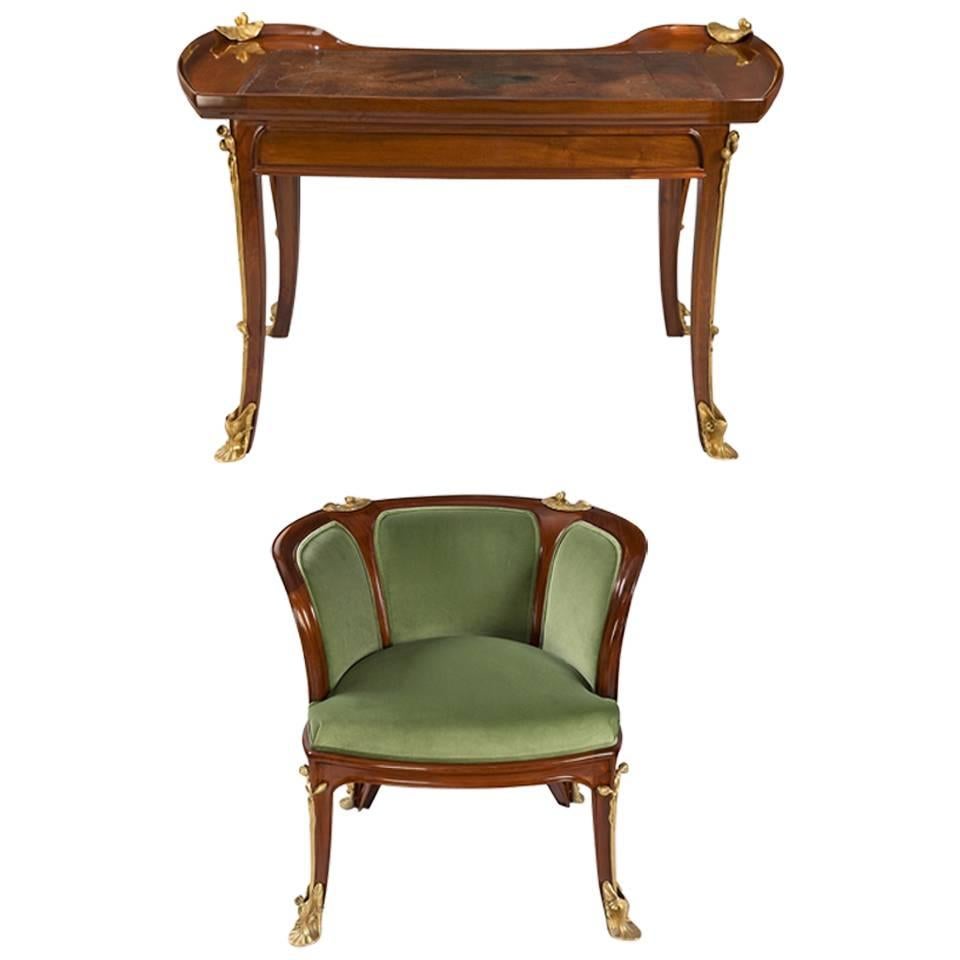 French Art Nouveau “Aux Nenuphars” Desk and Armchair