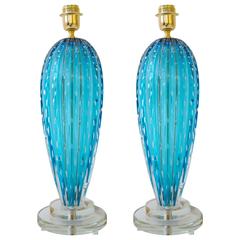 Pair of Italian Aquamarine Blue "Pulegoso" Murano Glass Lamps, Signed 12