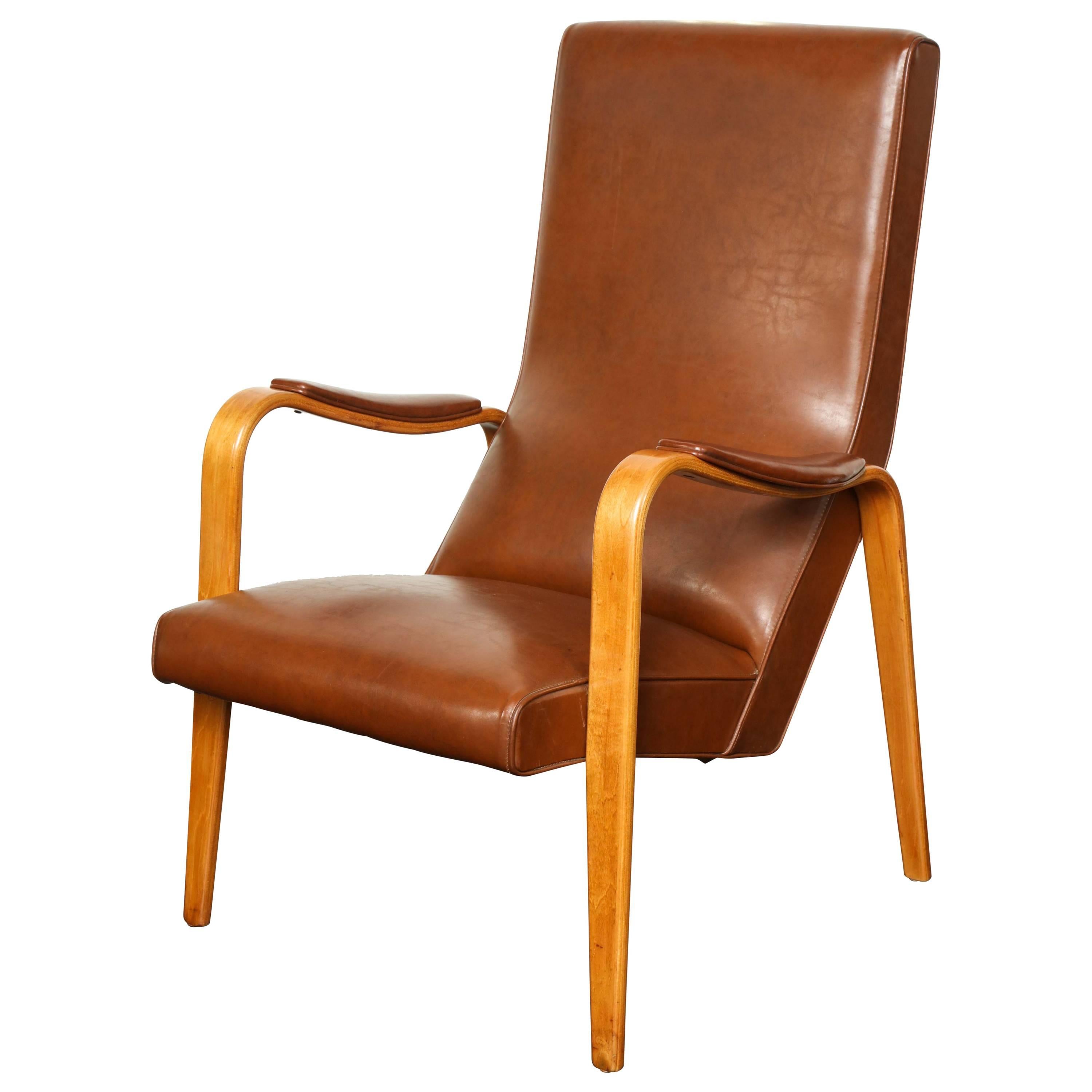 Mid-20th Century Walnut and Leather Open Armchair For Sale