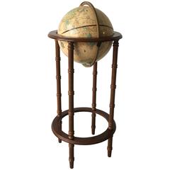 Vintage Globe on Mid-Century Faux-Bamboo Walnut Stand