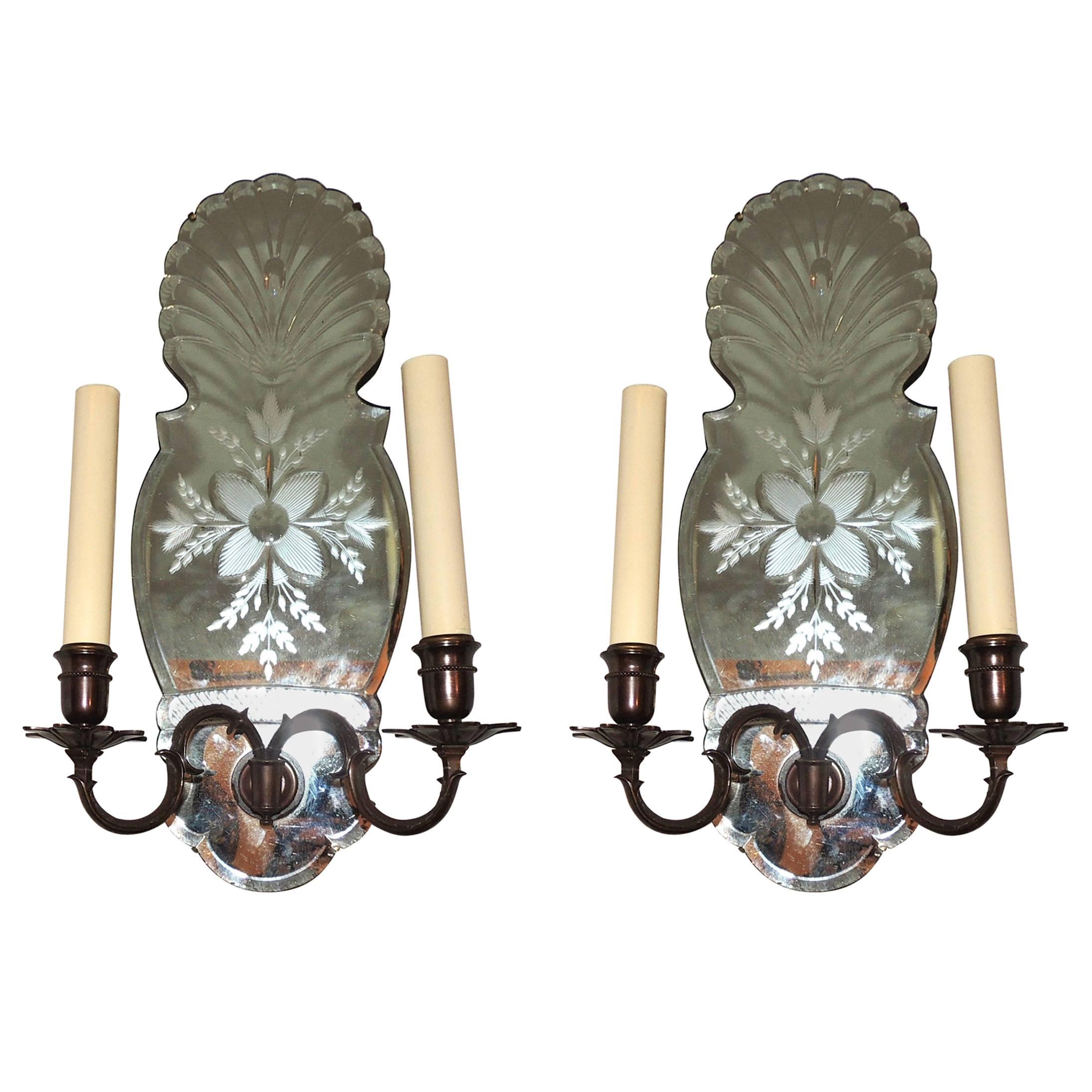 Wonderful Pair Etched Floral Mirror Back Two-Light Bronze Caldwell Sconces