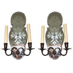 Wonderful Pair Etched Floral Mirror Back Two-Light Bronze Caldwell Sconces