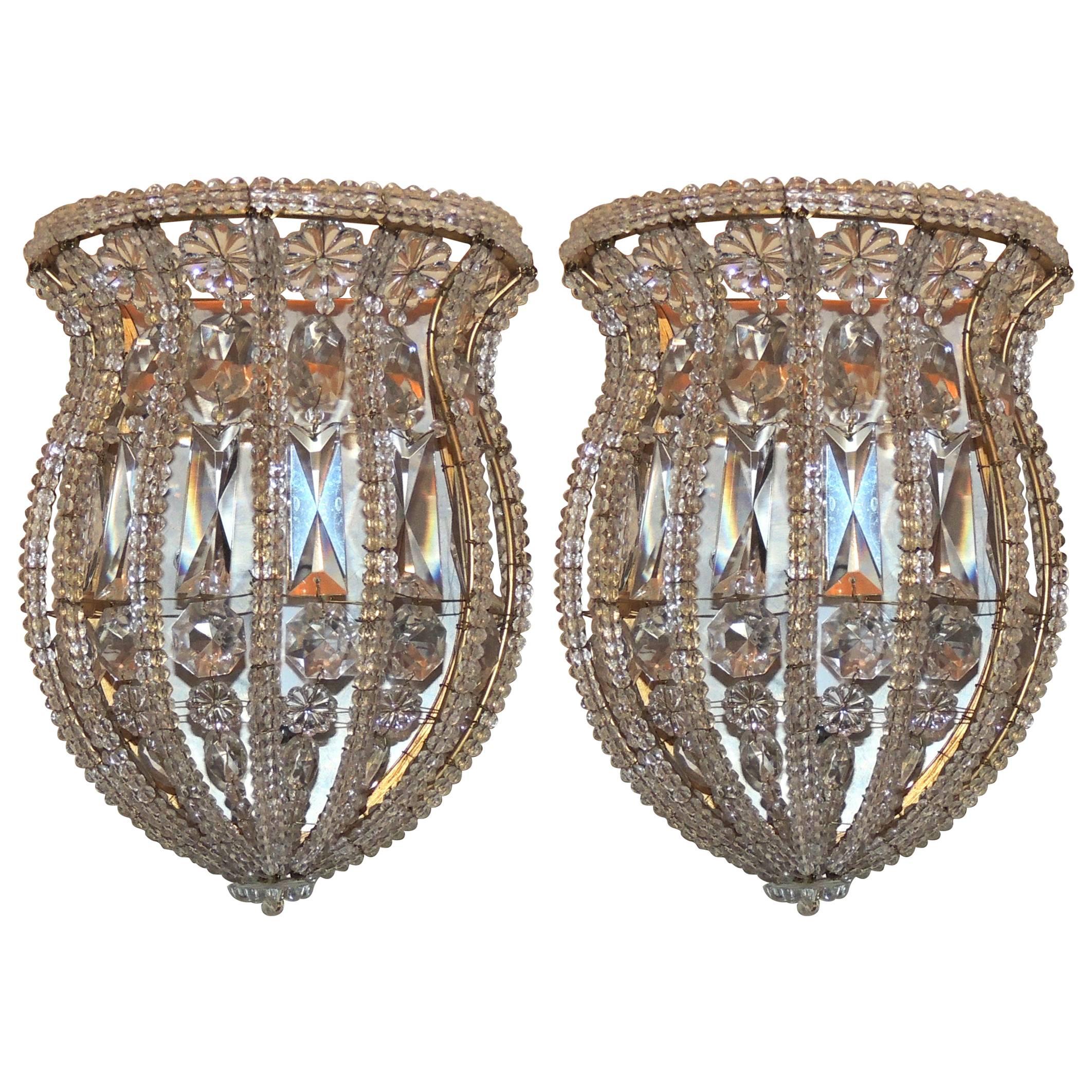 Wonderful Vintage Pair Italian Crystal Beaded Bronze Brass Basket Flower Sconces