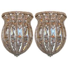 Wonderful Vintage Pair Italian Crystal Beaded Bronze Brass Basket Flower Sconces