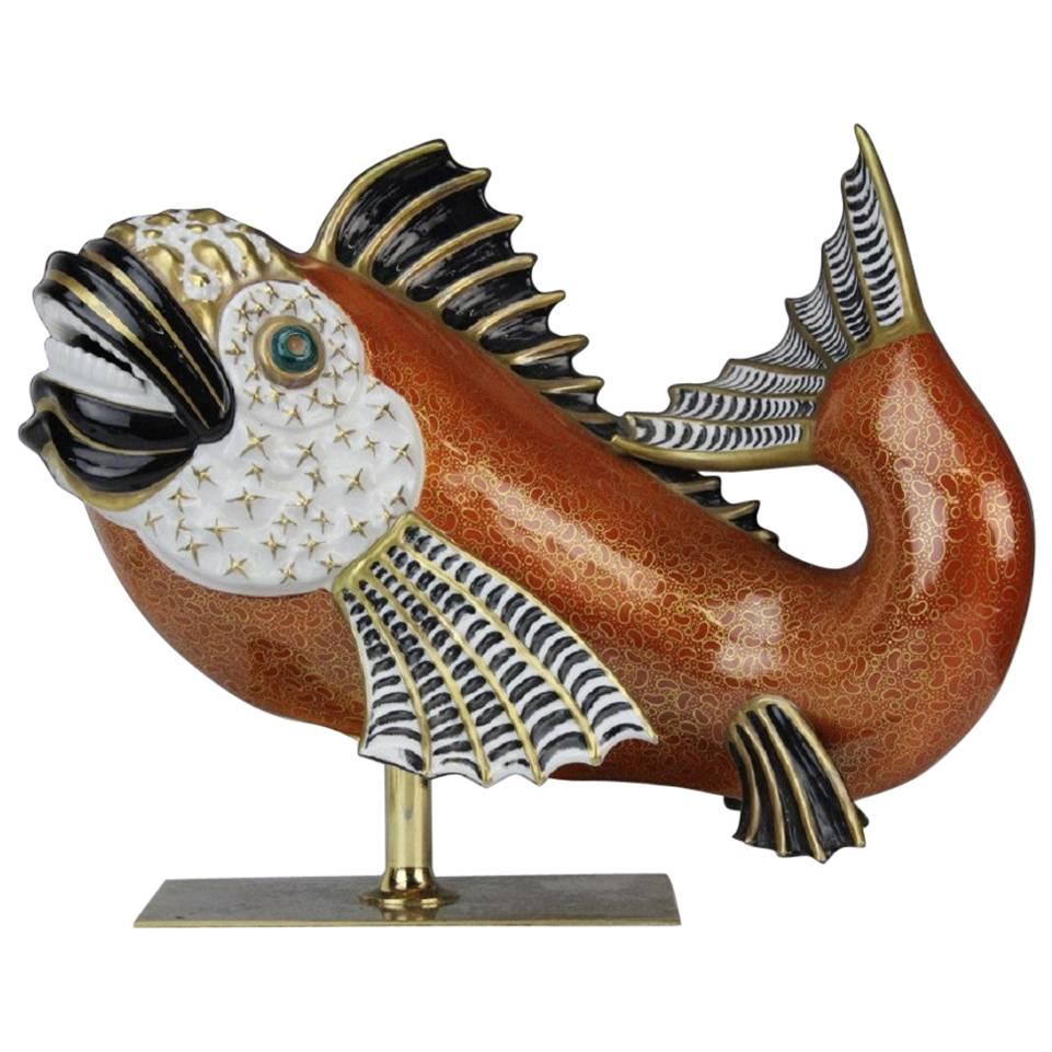 Rare Mangani for Oggetti Hand-Painted Stylized Fish Sculpture on Brass Base For Sale
