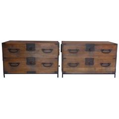 Antique Pair of Japanese Tansu Nightstands and Side Tables on Hand Forged Iron Stands
