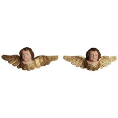 Pair of Italian Gilt Carved Wood and Painted Cherubs , Circa 1820