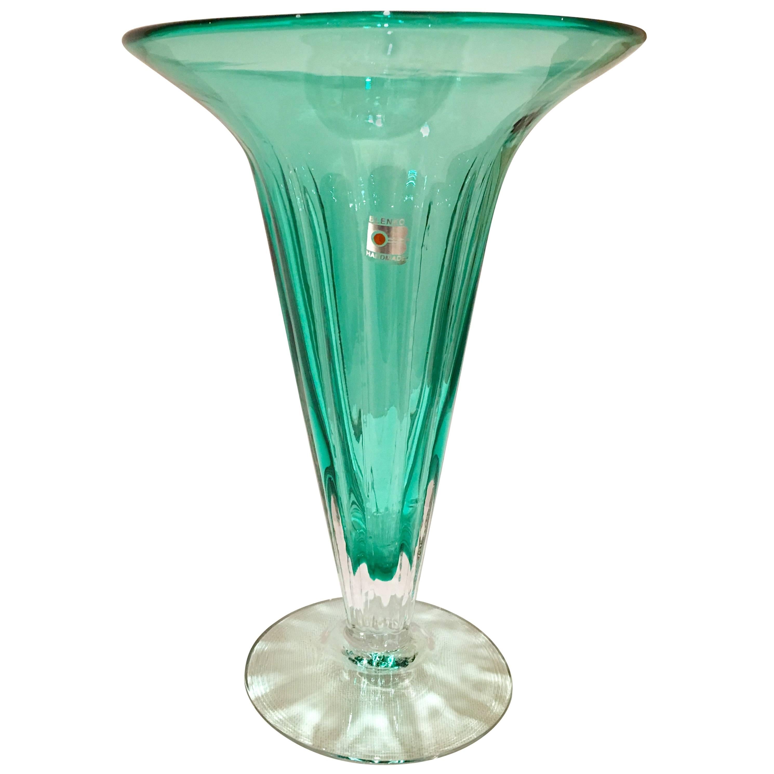 80'S American Blown Glass Aqua & Clear Footed Vase By, Blenko Glass For Sale