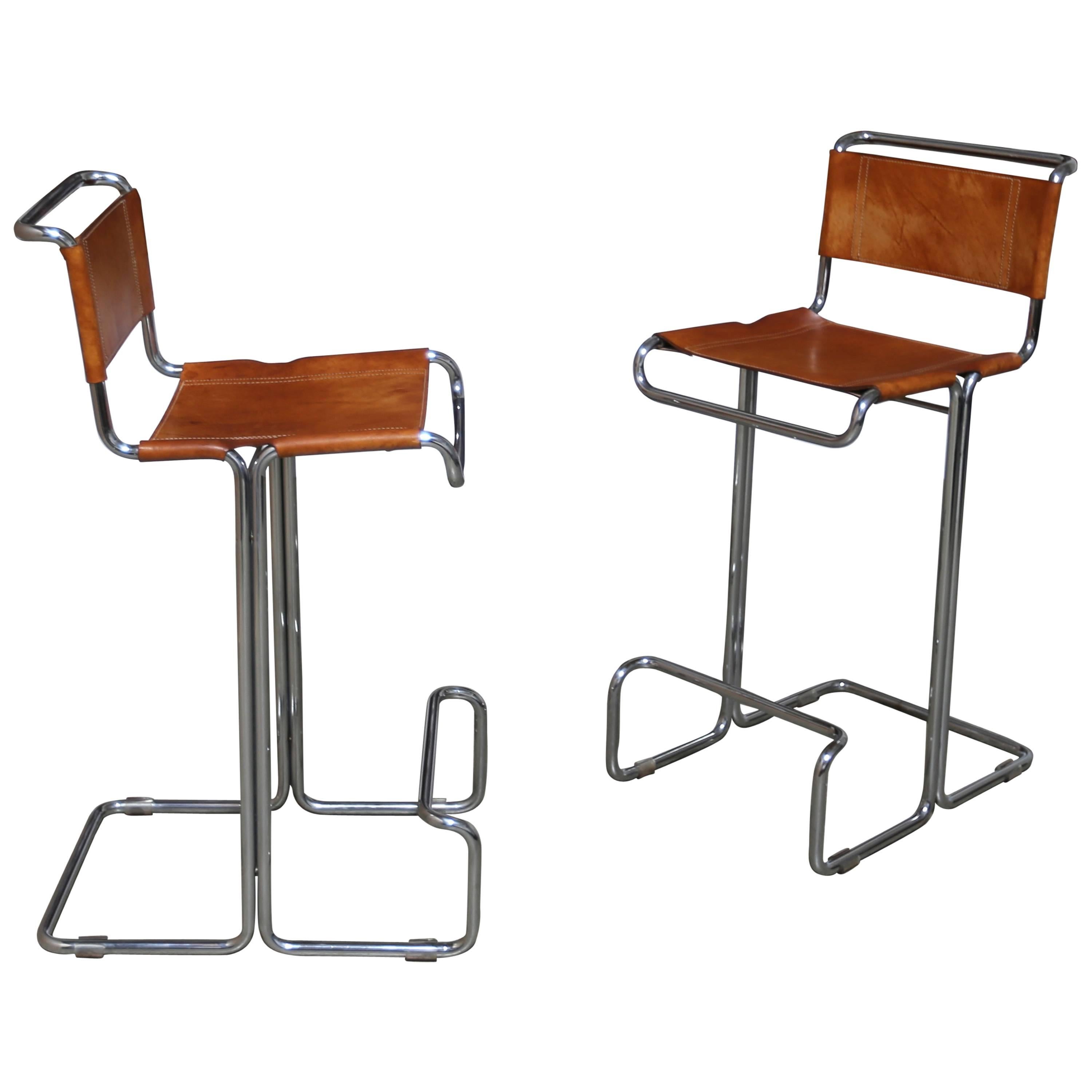 Pair of Leather and Chrome Barstools by Stendig 