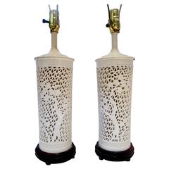 Pair of Column Pierced Porcelain Blanc De Chine Table Lamps