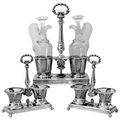1819 Imposing French Sterling Silver Baccarat Crystal Bottles Condiment Set