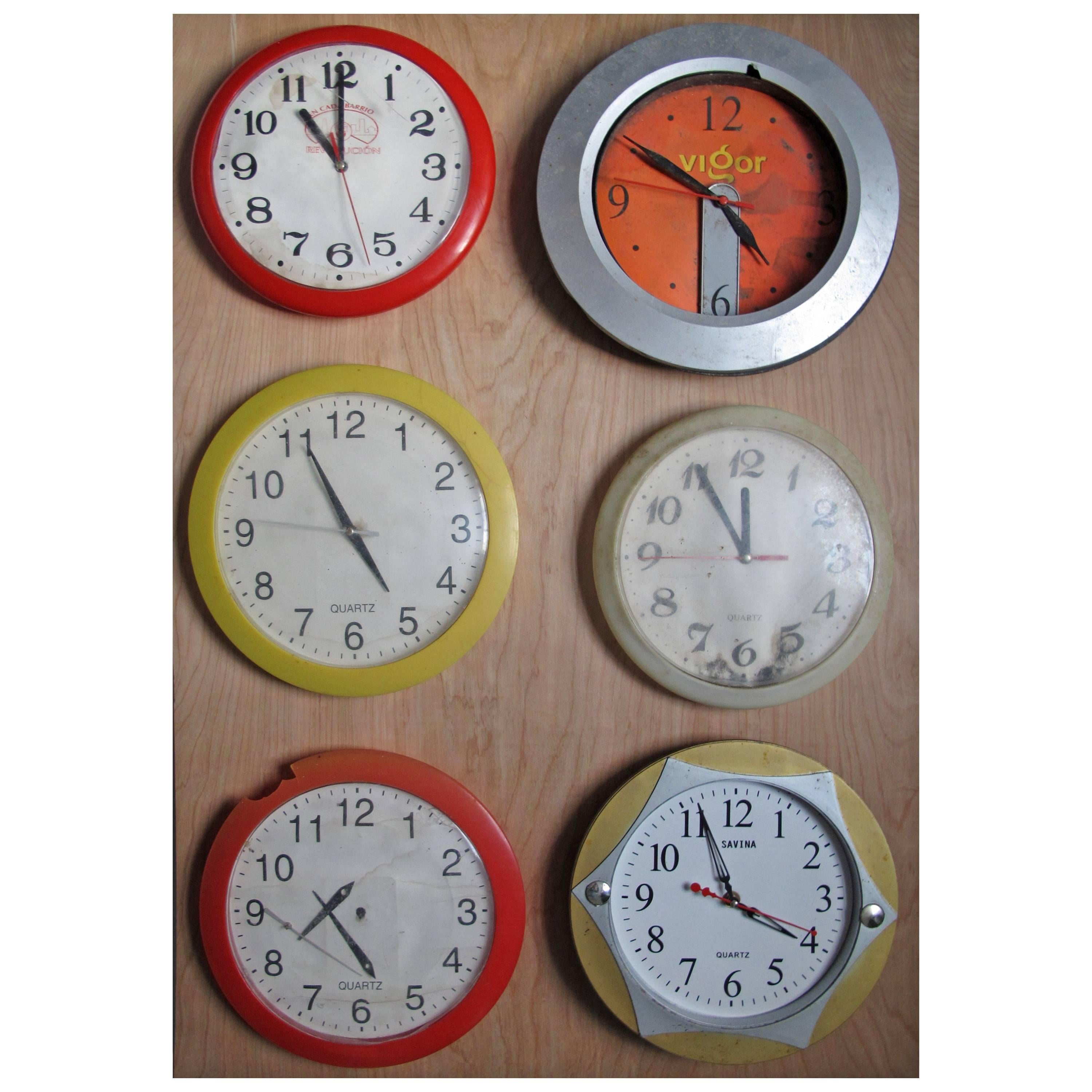 "Time Stands Still" Cuban Clocks Assemblage on Panel by Kalev Jaason For Sale