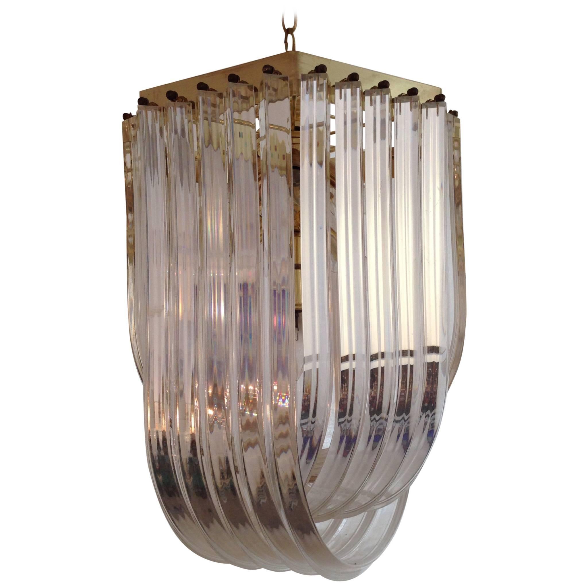 Hollywood Regency Brass and Lucite Ribbon Loop Chandelier