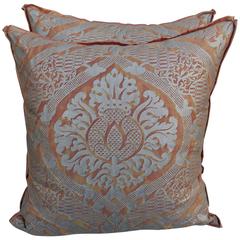 Vintage Burnt Orange and Silver Fortuny Pillows, Pair