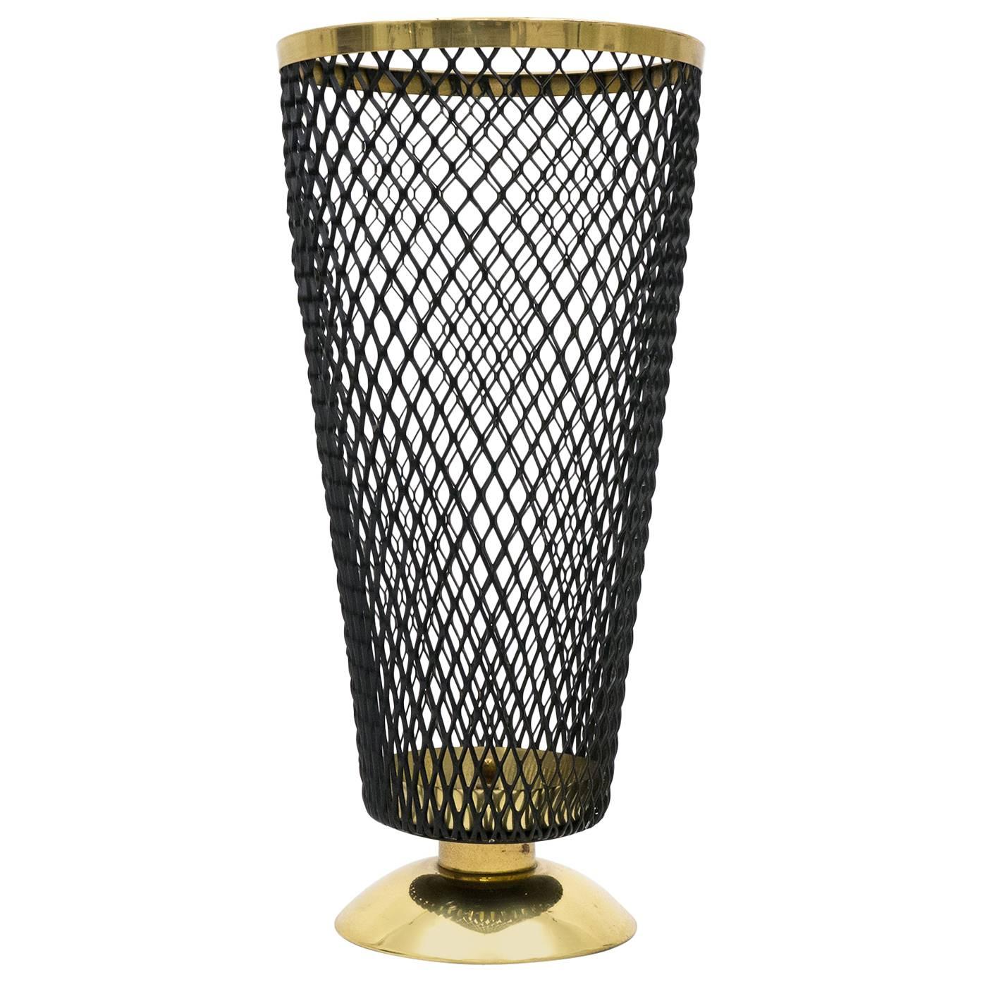 French Modern Brass and Perforated Metal Umbrella Stand, 1950s