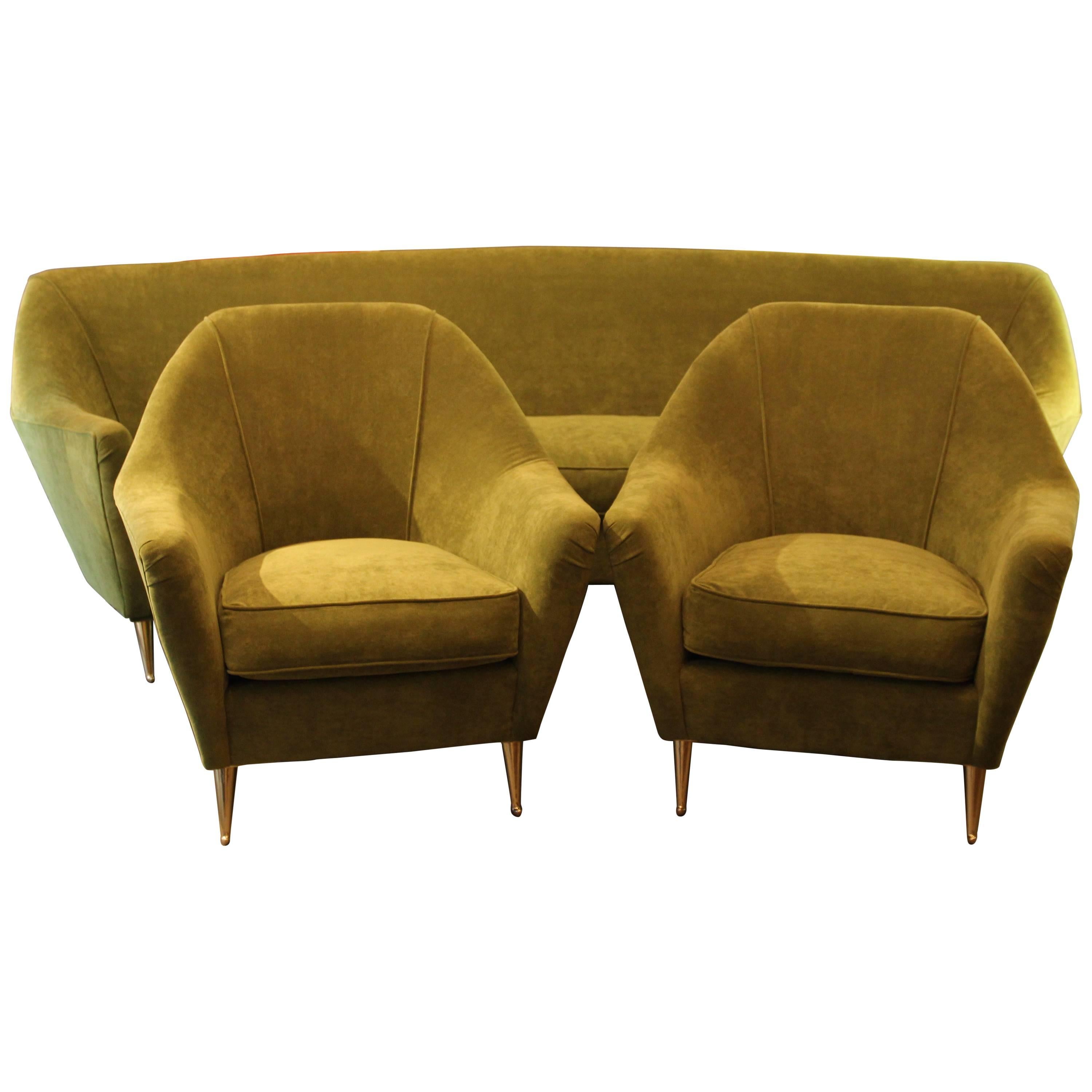 I.S.A, Living Room with Sofa and Pair of Armchairs, Gifted Brass Feet, 1960