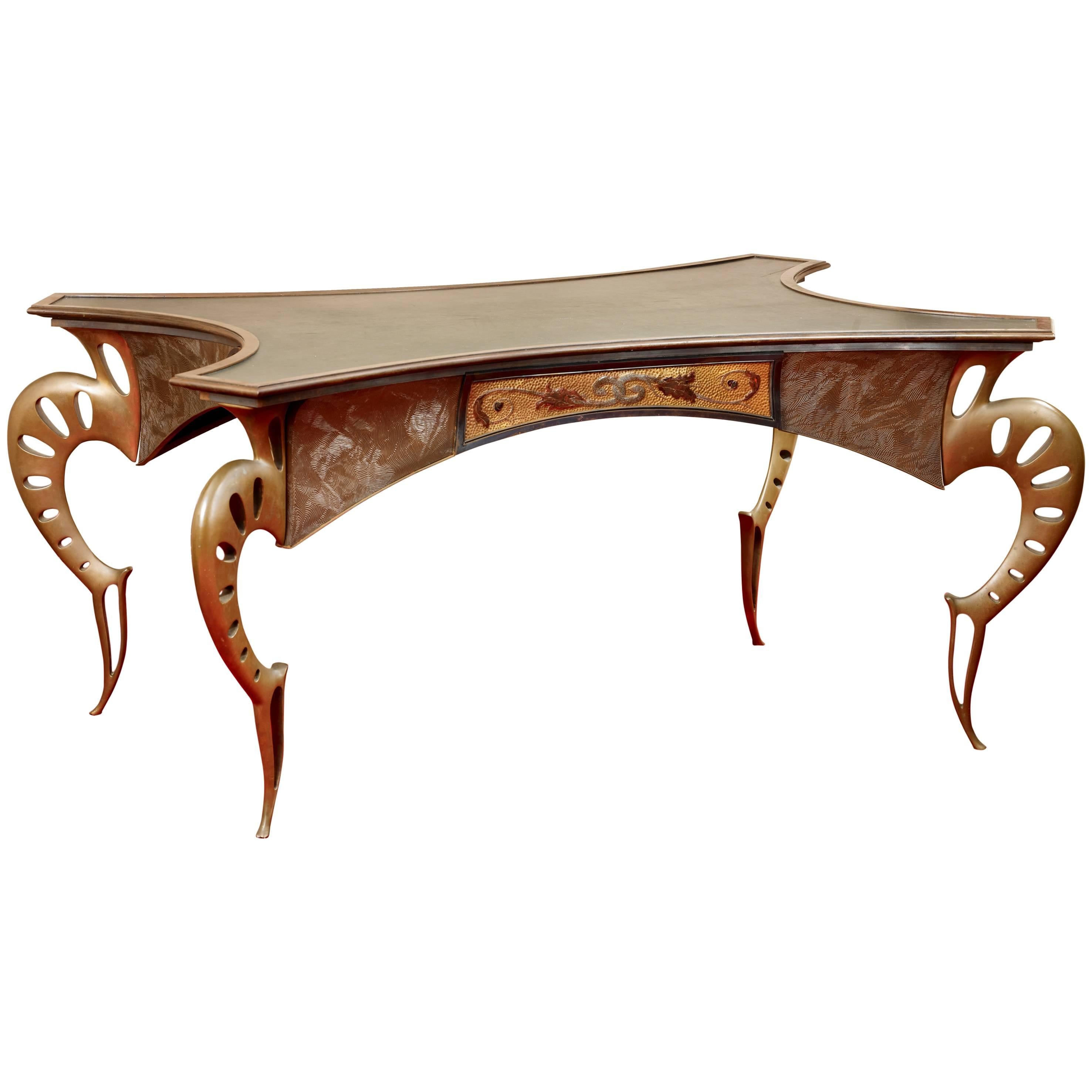 André Dubreuil, Desk, Hand Tooled Bronze, Repoussé Copper and Leather For Sale