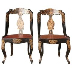 Decorative and Highly Detailed Pair of Black Lacquer Chairs