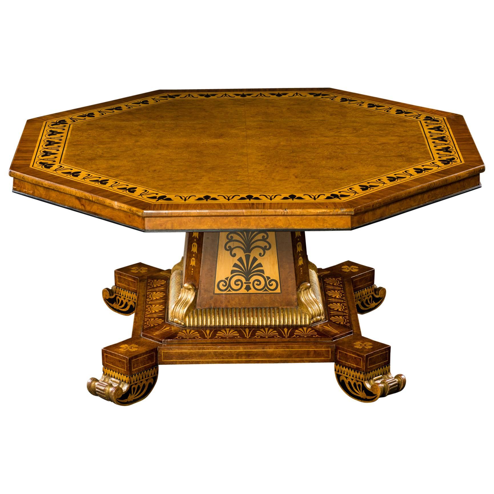 Superb Regency Burr Elm and Rosewood Crossbanded Octagonal Center Table For Sale