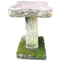 Antique Mossy English Carved Stone Birdbath with Clover-Shaped Bowl