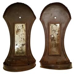 Pair of Antique Tole Mirror Back Hanging Double Candleholders