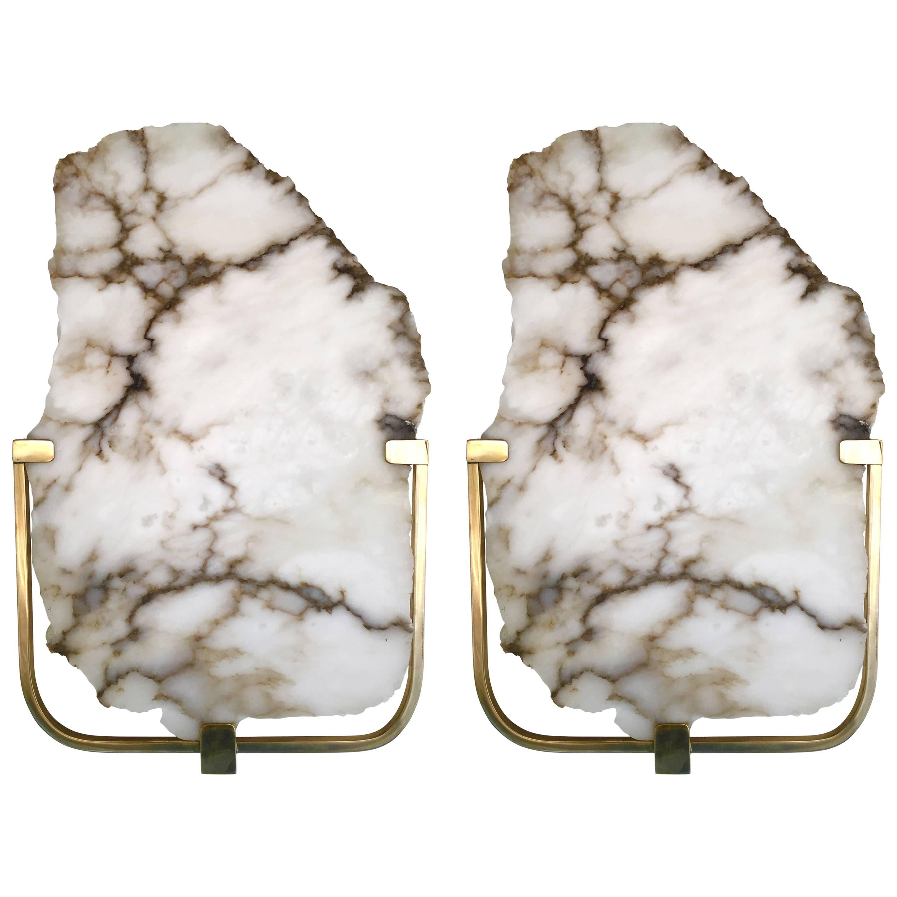 Pair of Alabaster Brass Sconces, Contemporary, Italy