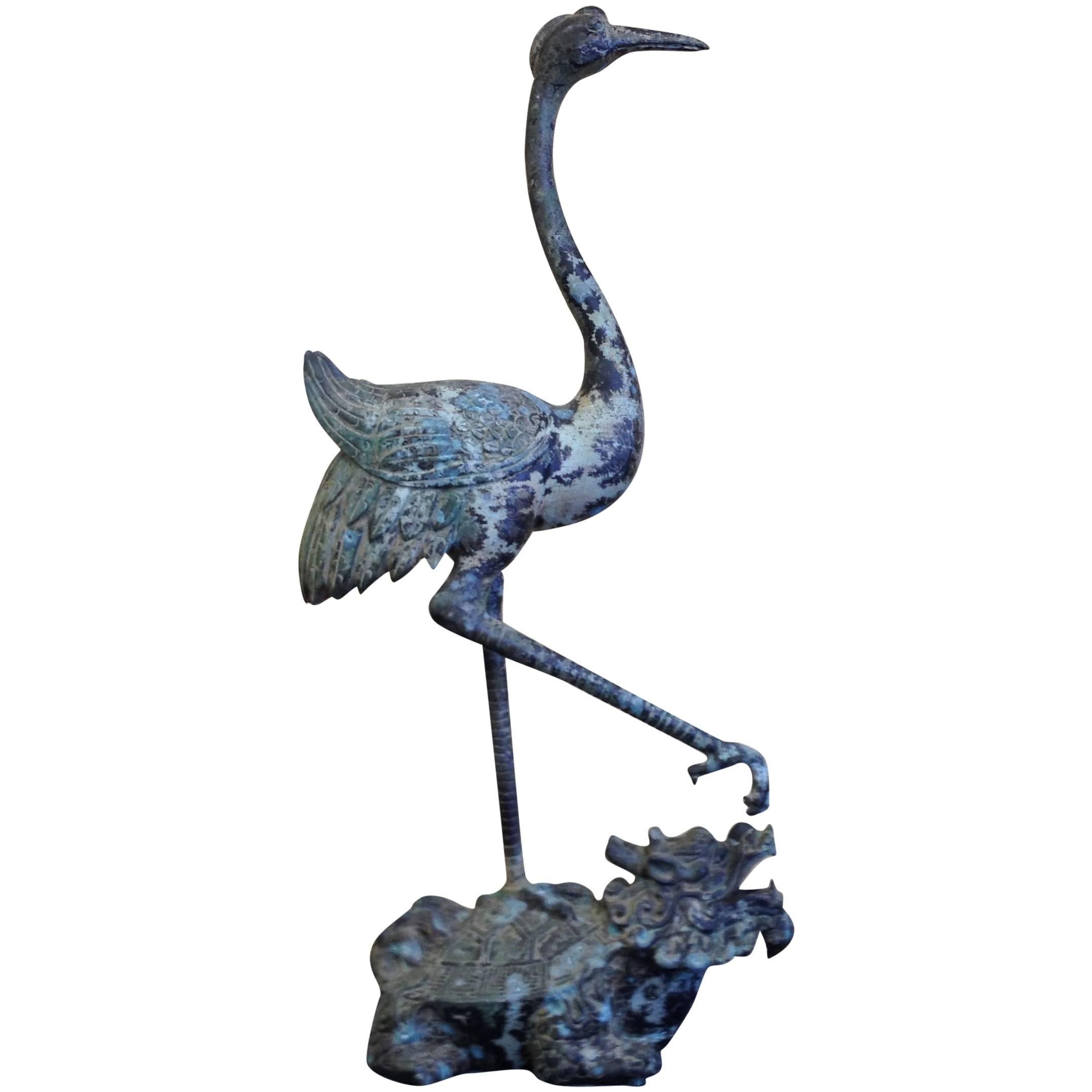 Bronze Chinese Crane Standing on Heavenly Lo Shu Tortoise Dragon Statue