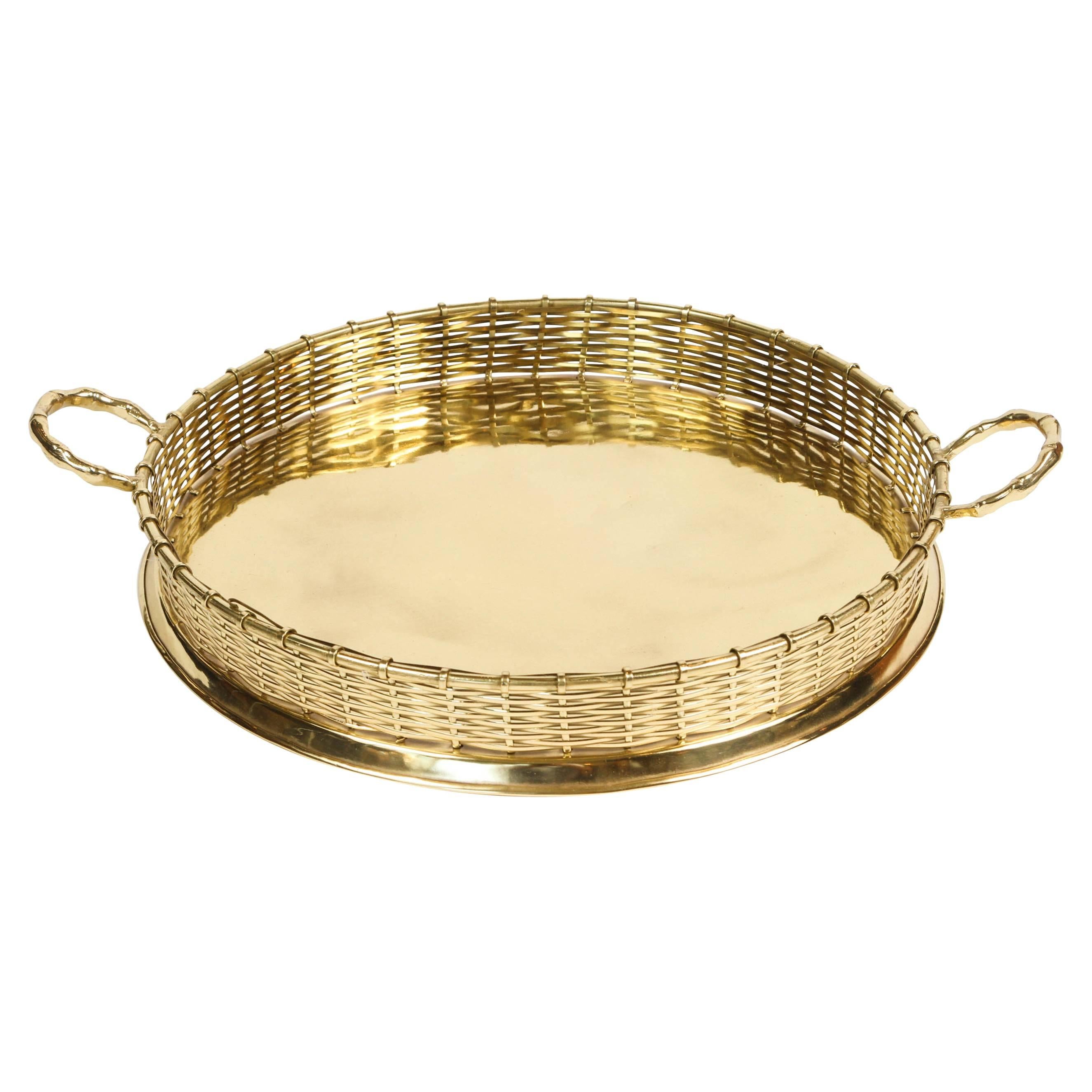 Brass Serving Tray with Basket Weave Rim and Handles