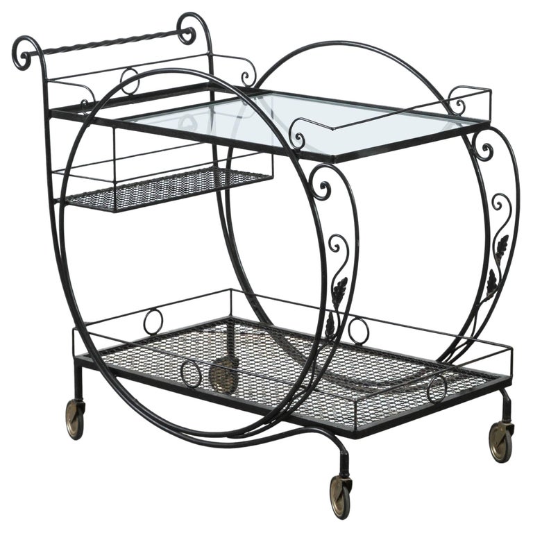 1940s, Salterini Wrought Iron Rolling Outdoor Bar Serving Cart at
