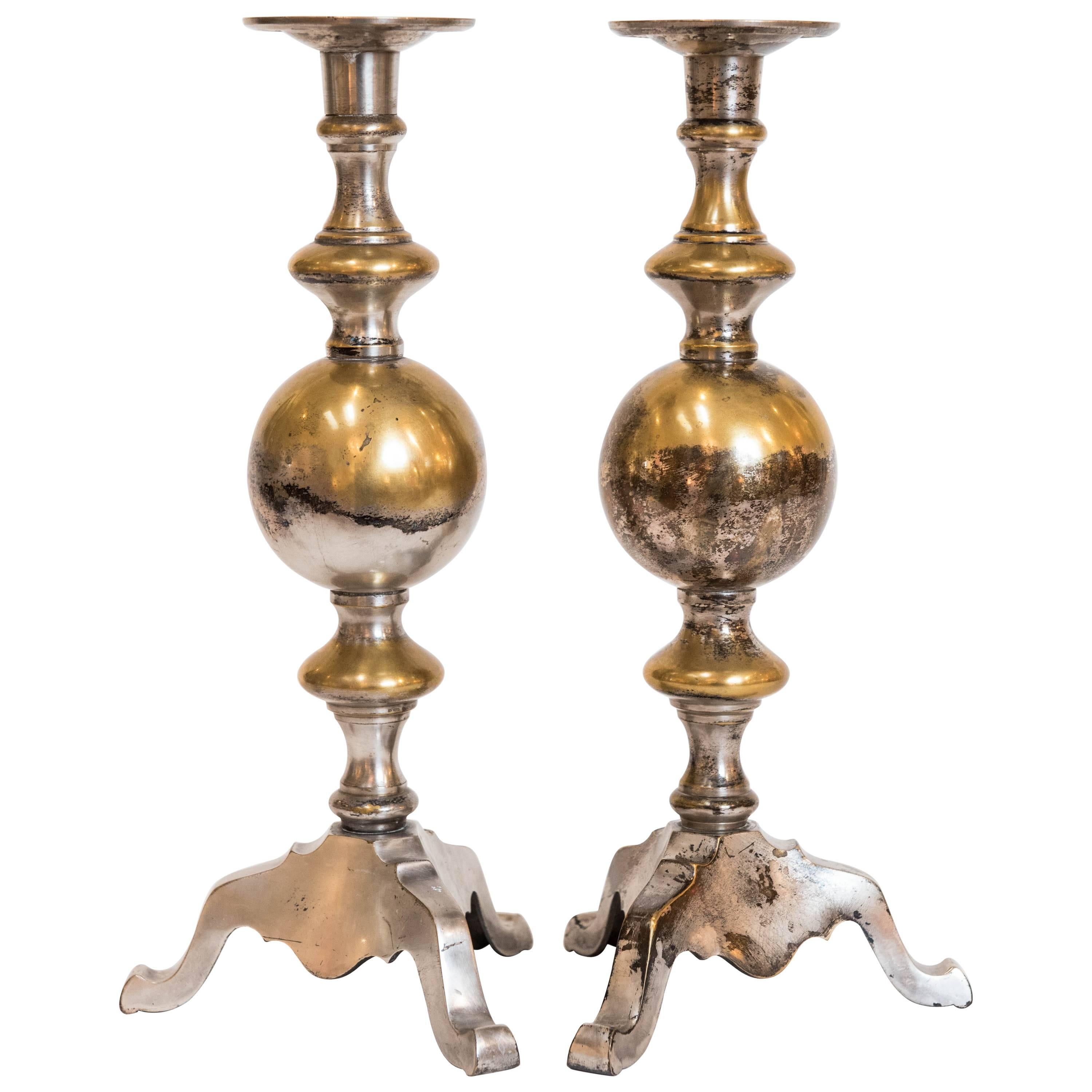 Pair of Brass and Silver Plated British Colonial Candlesticks