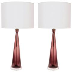 Pair of Mid-Century Amthyst Italian Empoli Glass Lamps