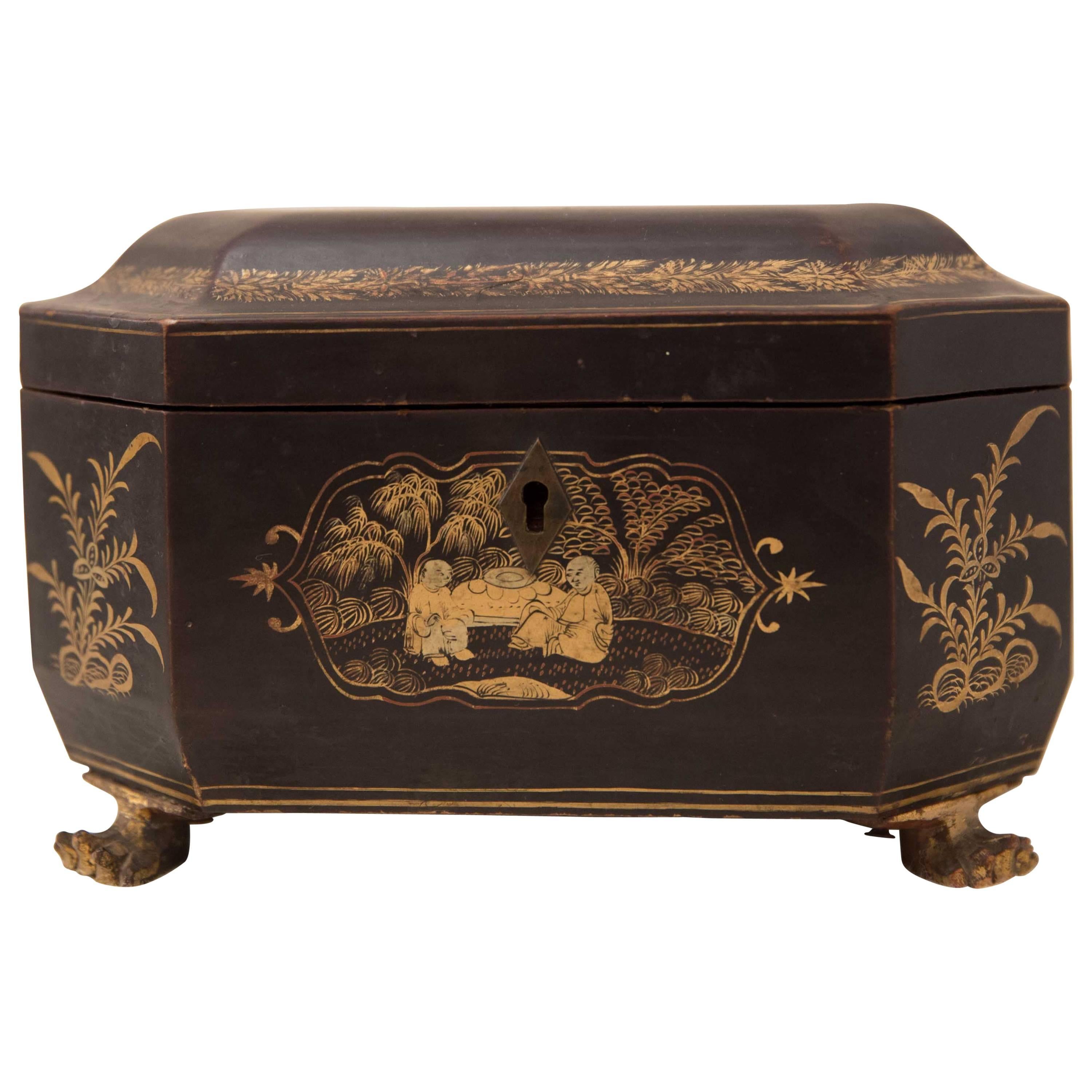 18th Century Chinese Tea Caddy Export Box Black and Gold Tin For Sale