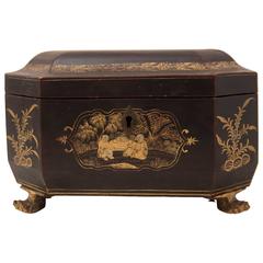 18th Century Chinese Tea Caddy Export Box Black and Gold Tin
