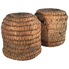 Lovely Pair of Woven Straw German Bee Skeps