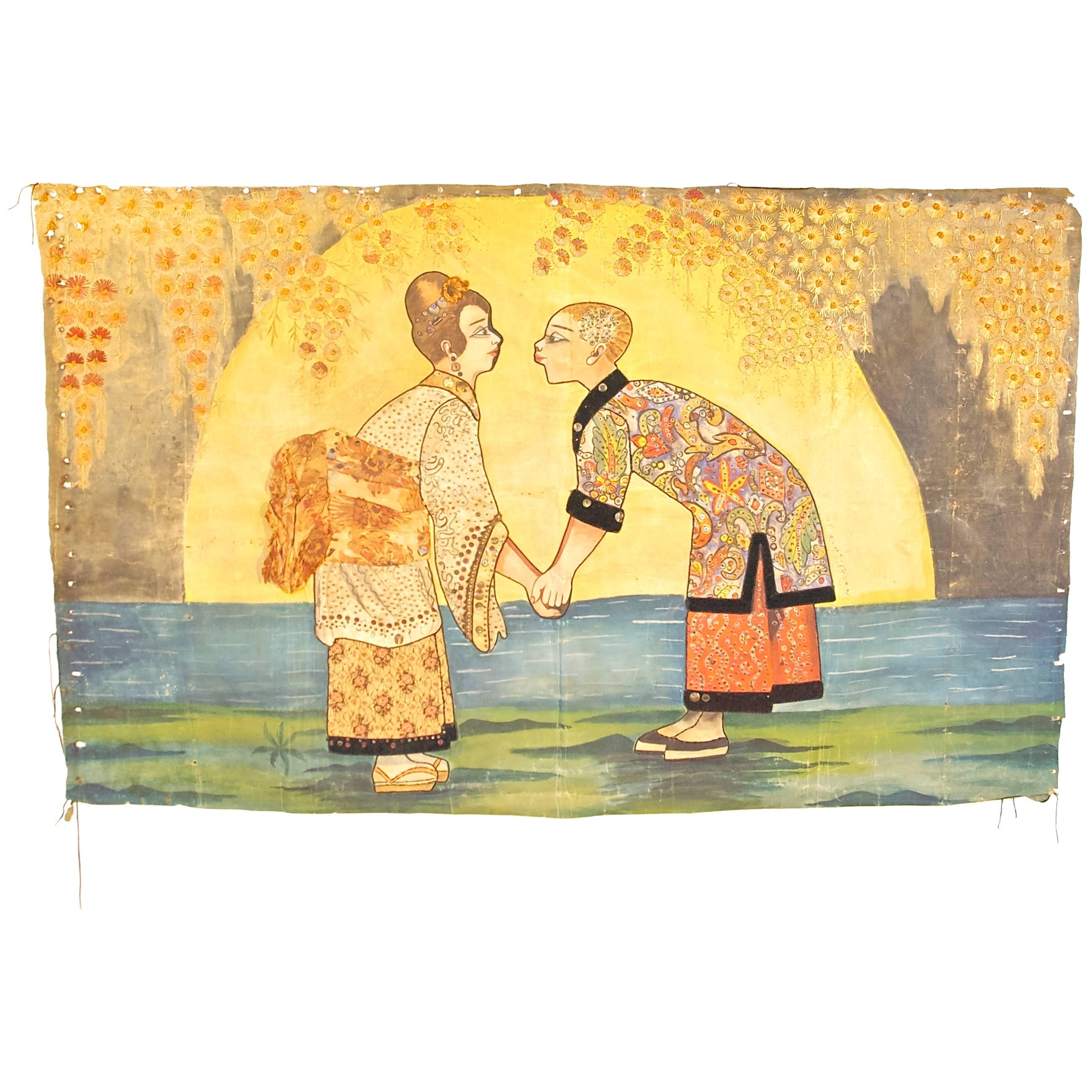 Asian Tapestry of Lovers by the Sea For Sale