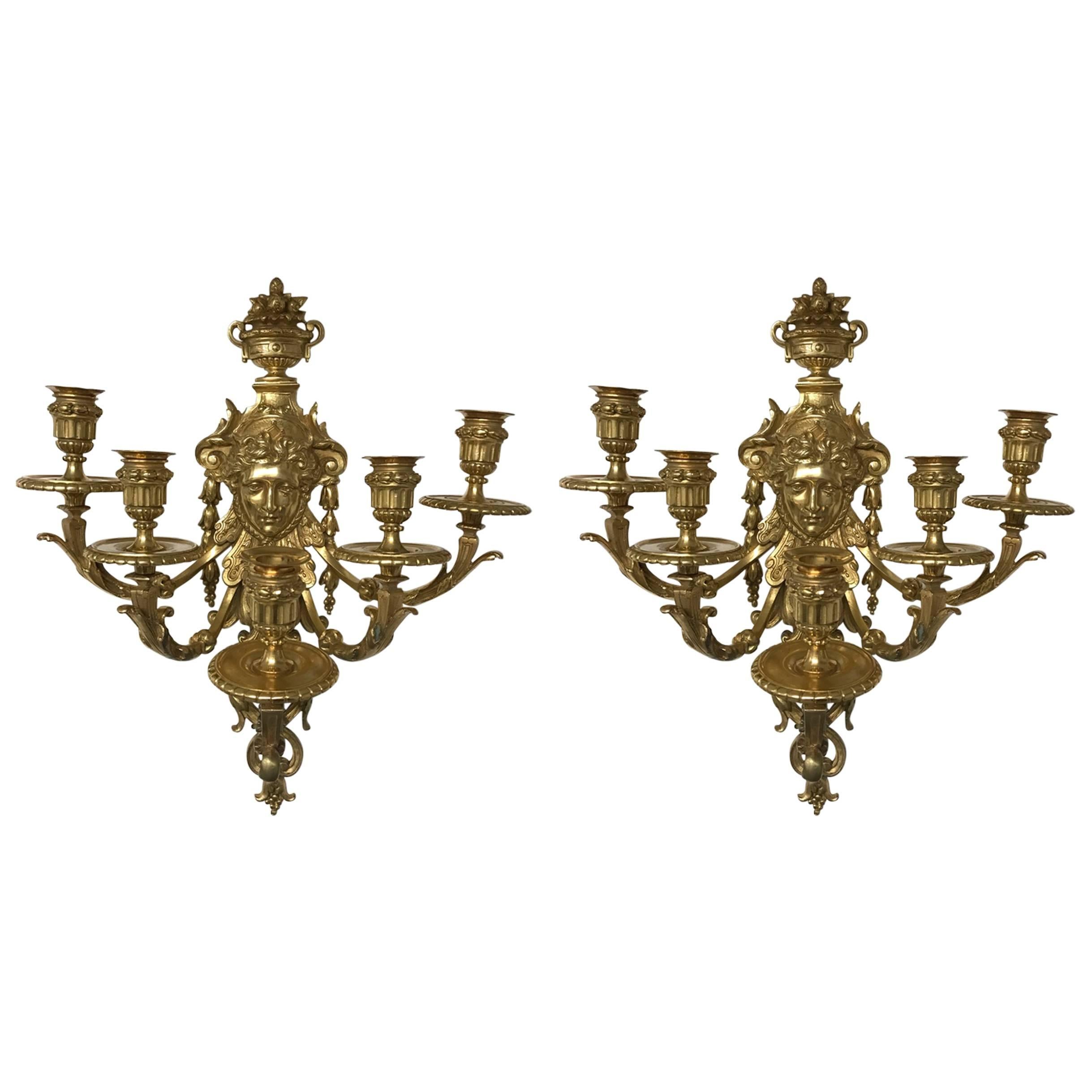 Pair of Five-Light Brass Candelabra Sconces For Sale