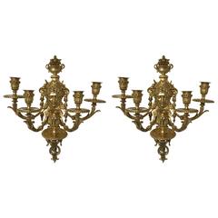 Antique Pair of Five-Light Brass Candelabra Sconces