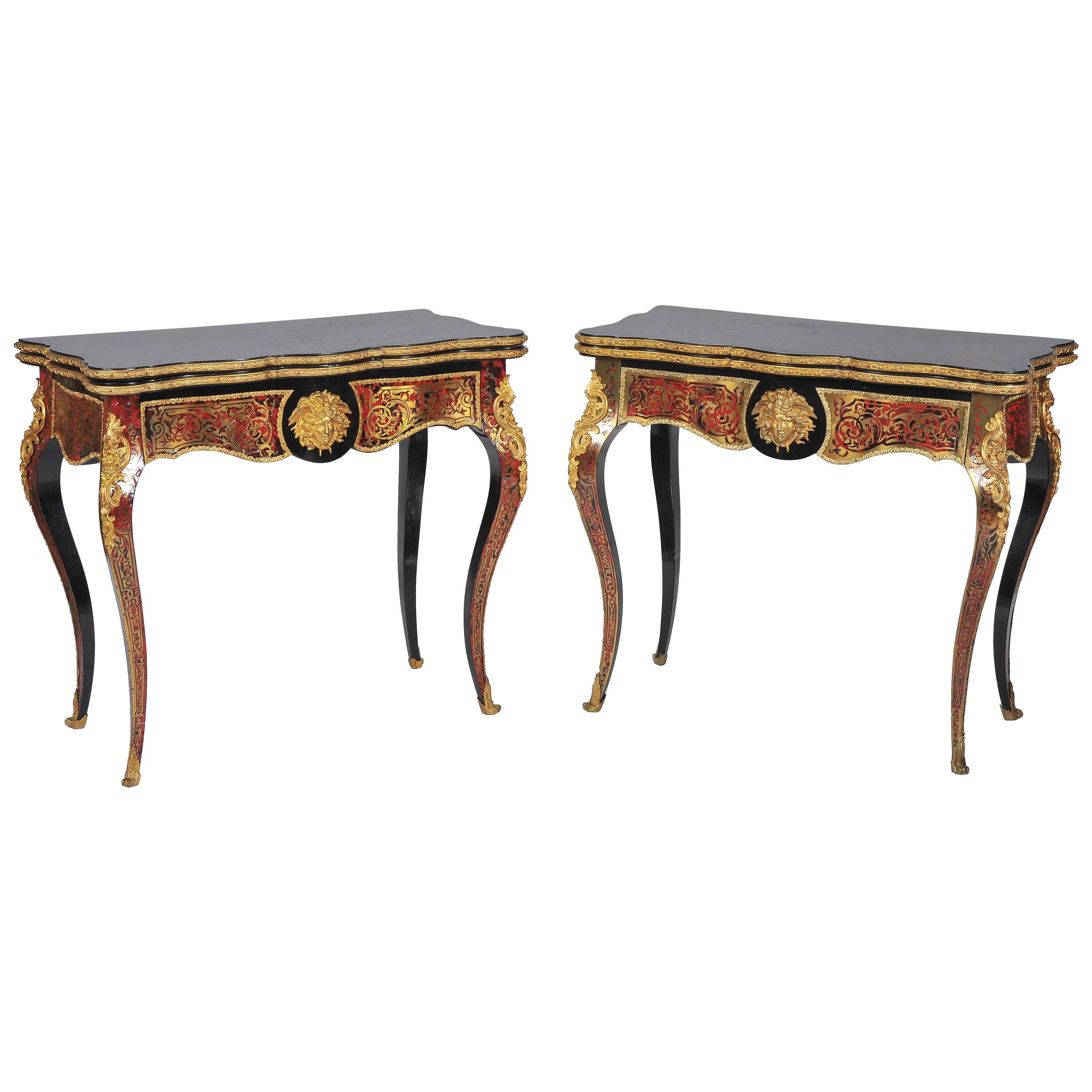 Pair of Ornate 19th C. Card Tables after Boulle 