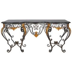 Late 20th Century Wrought Iron Console Table with Marble Faced Top