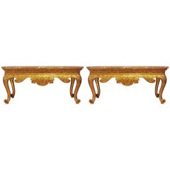 Pair of Magnificent 19th Century Gilt Consoles with Substantial Marble Tops