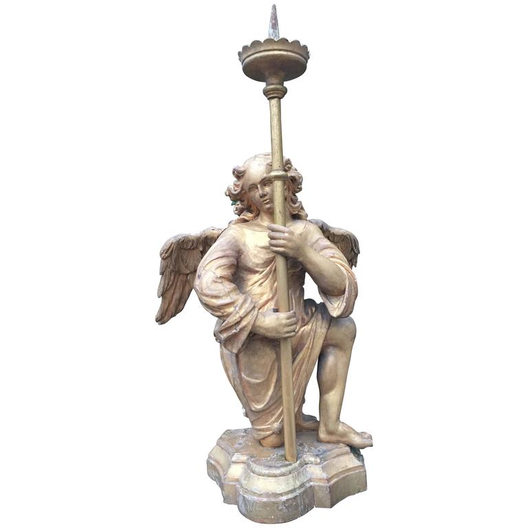 Antique 18th Century Gilt Gothic Art Carved Wood Angel Candle holder