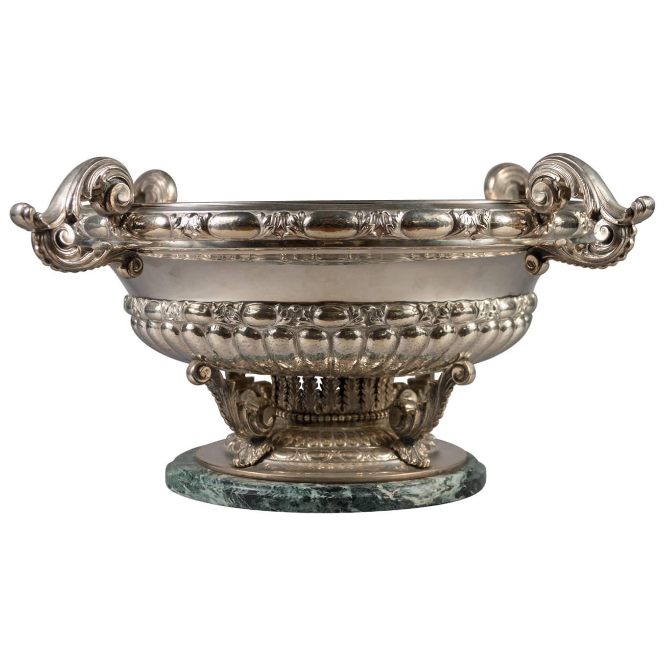 Large Italian .925 Silver Centerpiece Bowl with Four Handles & Marble Base For Sale
