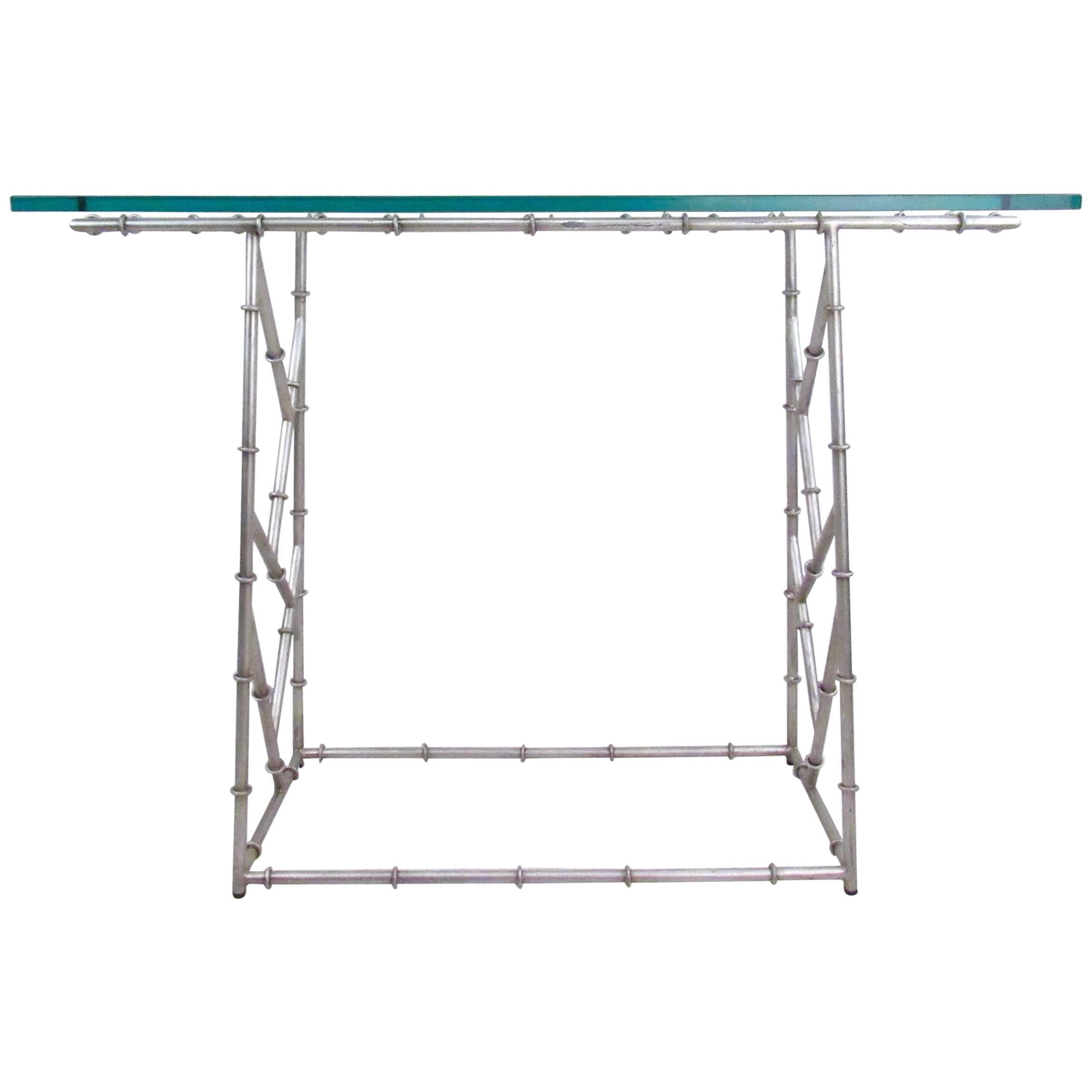 Industrial Metal Faux Bamboo Console Table For Sale