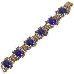 Vintage Art Nouveau Blue Glass Stone and Gold-Plate Link Bracelet
