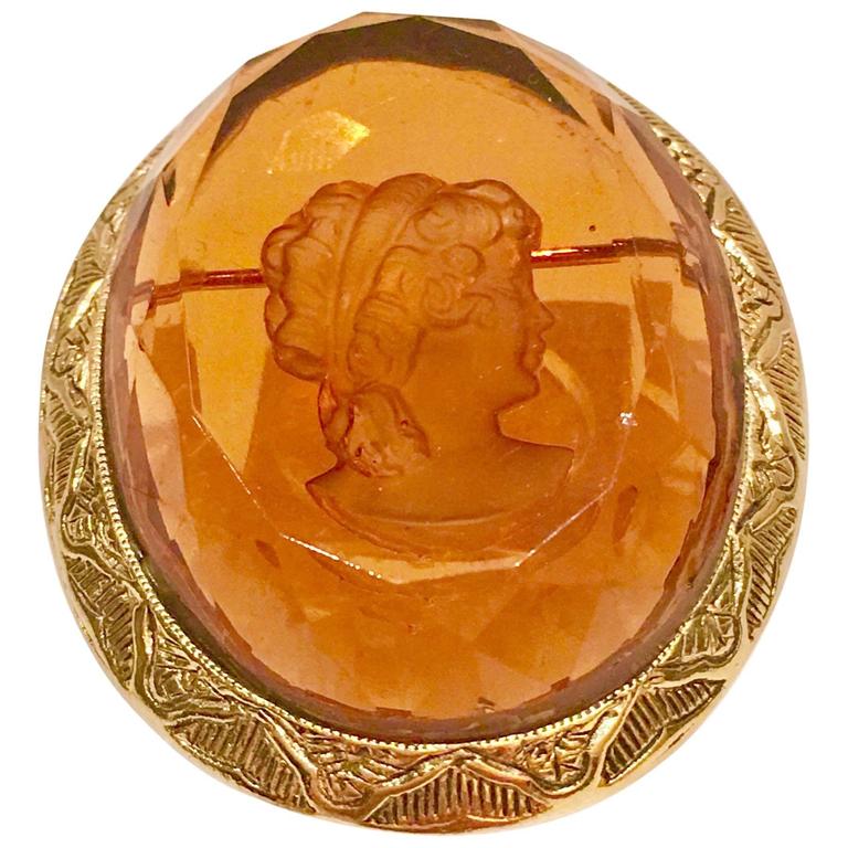 Vintage Citrine Carved Glass Cameo Set In Gold Brooch Or Pin For Sale