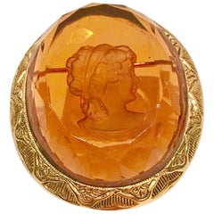 Vintage Citrine Carved Glass Cameo Set in Gold Brooch or Pin