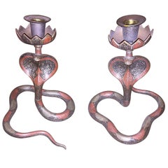 Unique Pair of Cobra and Snake Brass and Painted Enamel Candleholders