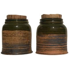 Pair of 1960s Ceramical Jars with Cork Lid in Brown Caramel Green Glaze Germany