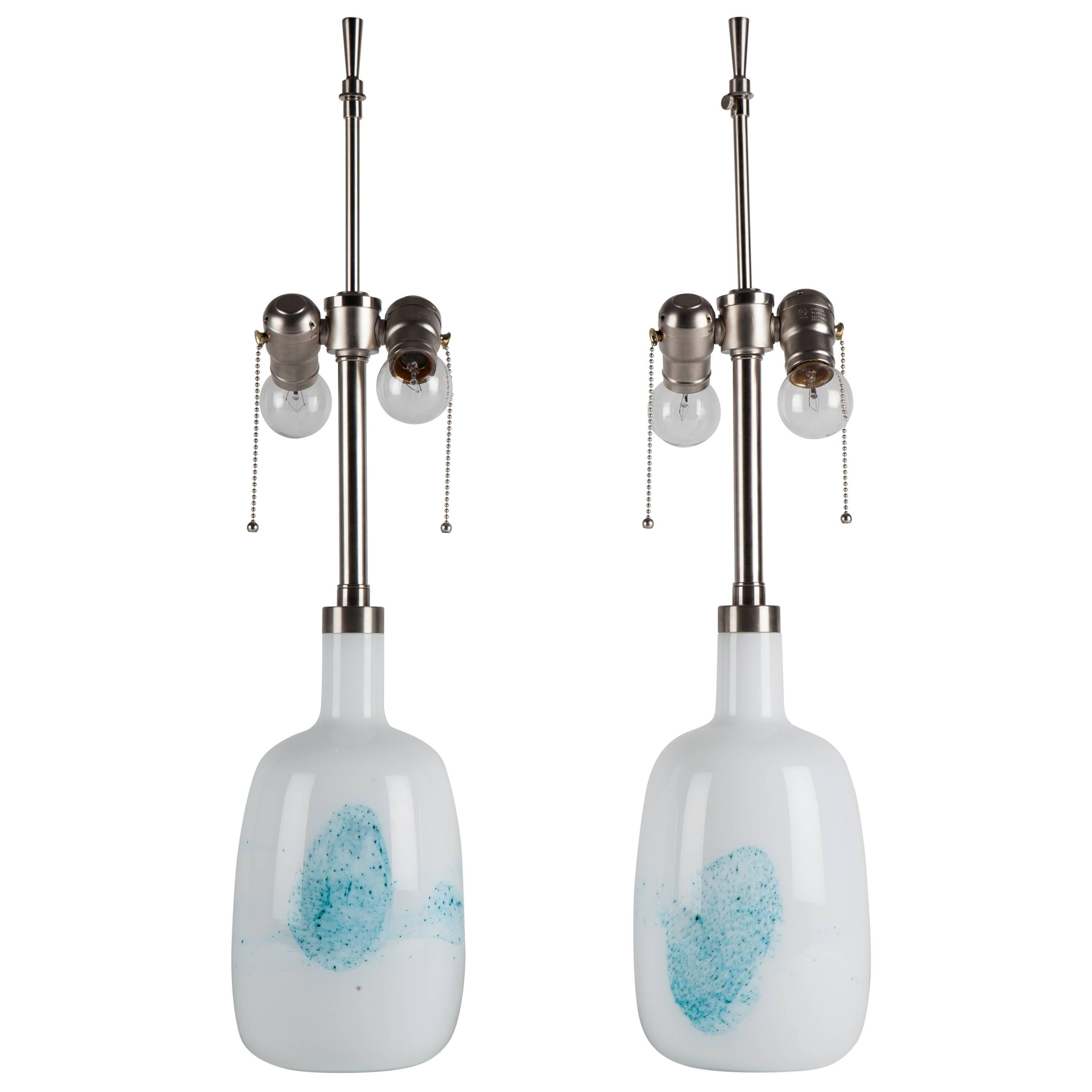 Blue and White Blown Glass Lamps with Nickel Fittings by Danish Maker Le Klint